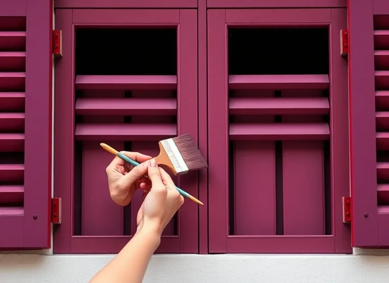 Mise en peinture au pinceau de volets et d'encadrements en bois