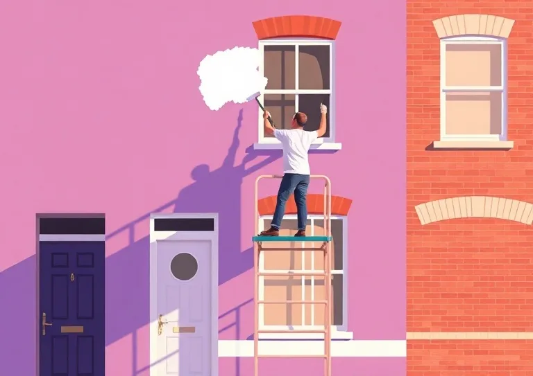 Peintre sur échafaudage traitant la façade d'une maison